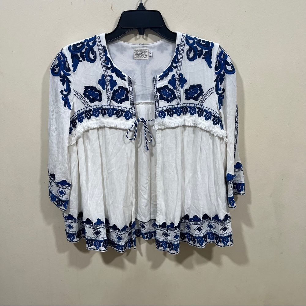 Free People White and Blue Embroidered Peasant Cardigan
